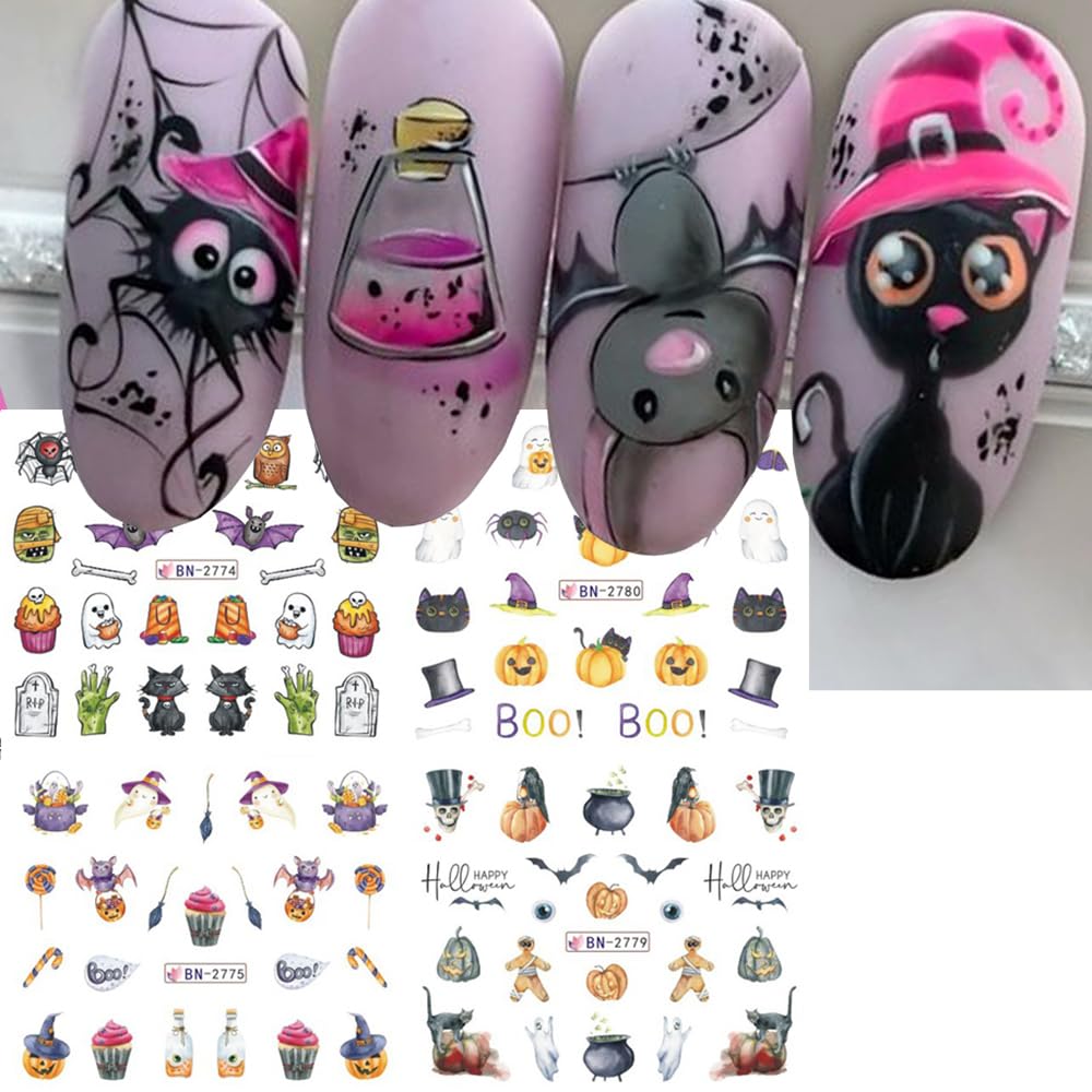 Halloween Nail Stickers 12 Sheets Pumpkin Halloween Nail Art Supplies Decorations Water Transfer Nail Decals Cute Ghost Witch Bat Skeleton Spider Design Watermark Slider Nail Foils for Women DIY-BrightBean Baby