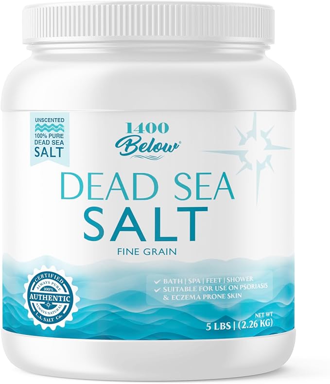 1400 Below 5 Lbs Jar Dead Sea Salt, Fine Grain - Foot and Spa Bath Soak, Exfoliating Body Scrub, 100% Pure and Mineral-Rich, Highest Mineral Content – Natural Muscle Tension Relief-BrightBean Baby