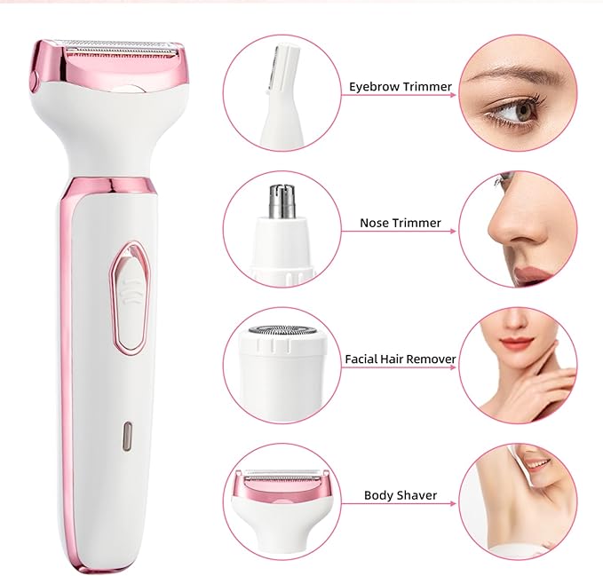 4-in-1 Electric Razor for Women - Rechargeable Painless Body & Facial Hair Remover, Bikini Trimmer for Legs, Underarm & Face, Portable Women's Shaver Set with Smooth Glide Technology-BrightBean Baby