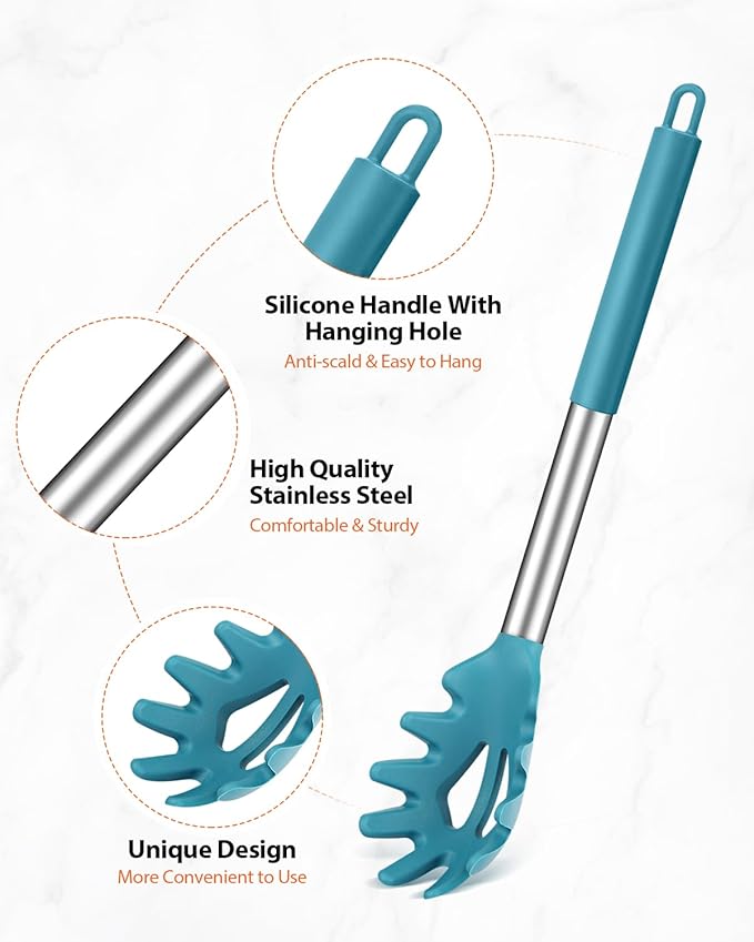 Silicone Spaghetti Spoon & Pasta Tong, Non-Stick Stainless Steel Handle Pasta Fork Set with Teeth, Food Clip for Easy Serving of Noodles (Blue)