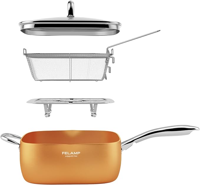 FELAMP 9.5 Inch Ceramic Nonstick Deep Square Frying Pan Set - 4 Piece Copper Cookware