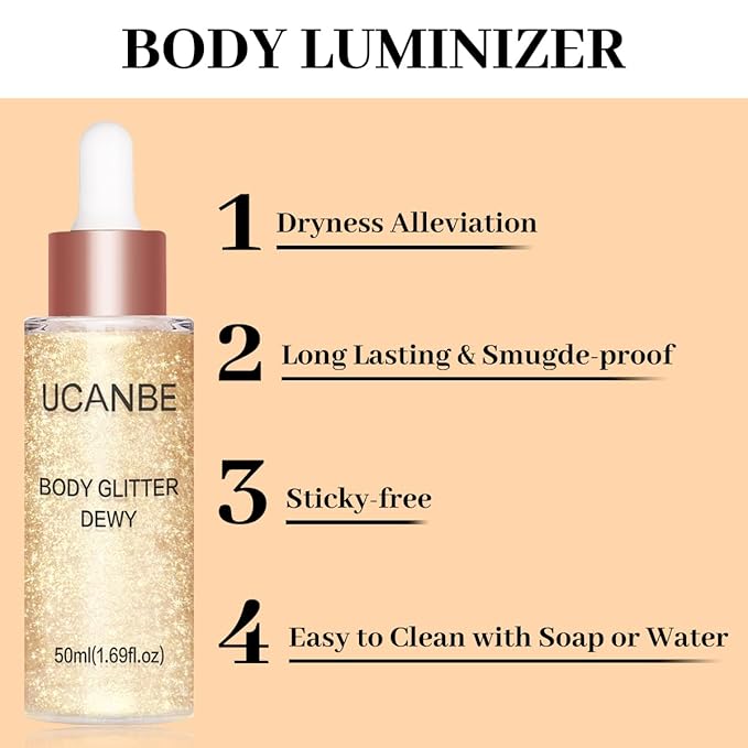 UCANBE Hydrating Body Shimmer Face Glitter Highlighter Makeup Liquid Glow Lotion for Women Holographic Luminizer for Hair for Valentine's Day Gifts (Champagne Gold - 01)-BrightBean Baby