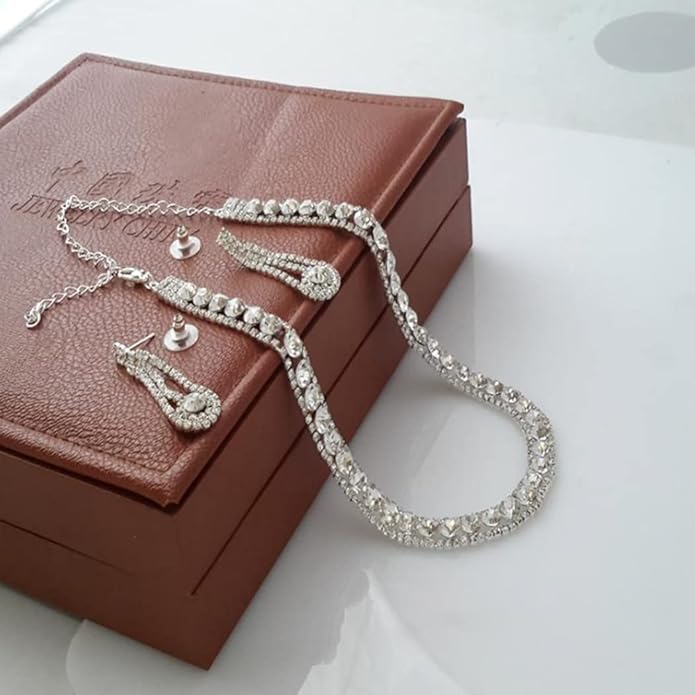 Yean Bride Silver Necklace Earrings Set Rhinestone Bridal Wedding Jewelry Sets Crystal Choker Necklace for Women (Set 3)-BrightBean Baby