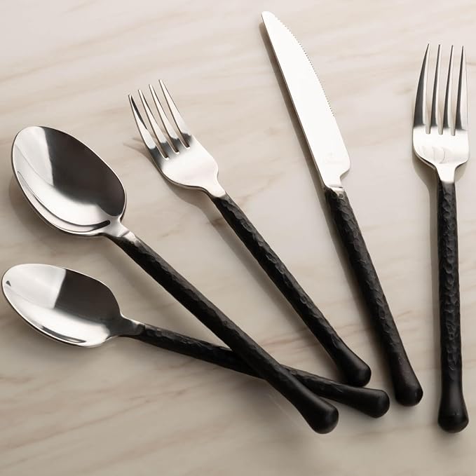 Forged 20-Piece Matte Black Silverware Set, 18/10 Stainless Steel Flatware Service for 4, Rustic Black Flatware, Spoons Forks Set Home Kitchen Restaurant Housewarming, Dishwasher Safe
