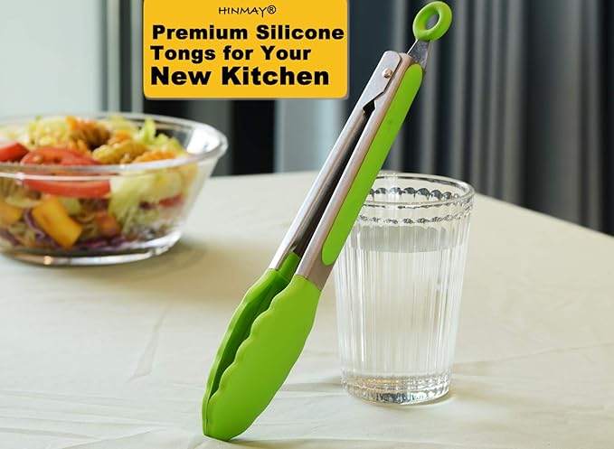 Silicone Tongs 9-Inch Stainless Steel Locking Kitchen Tongs, Set of 3 (Green)