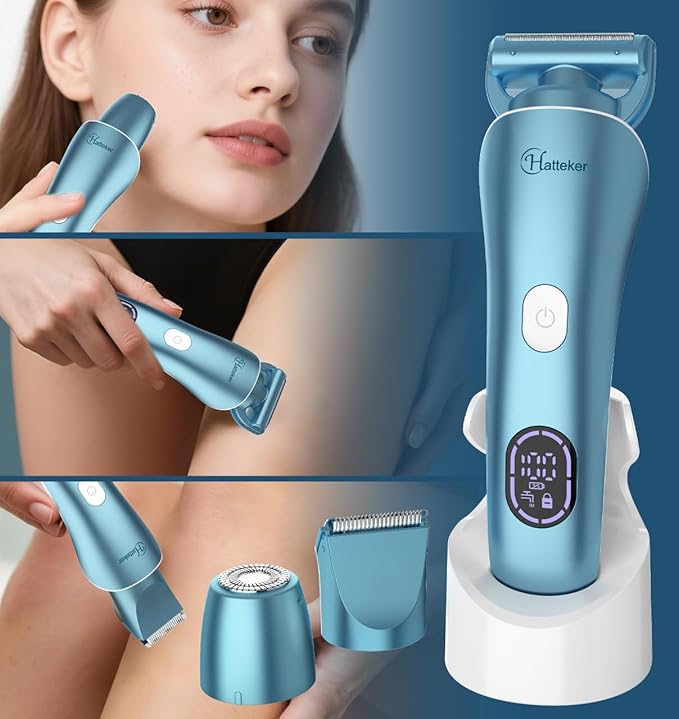 Hatteker Women's Electric Shaver Bikini Trimmer Hair Trimmer for Women Electric Razor for Legs Bikini Underarm Public Hairs Led Display IPX7 Waterproof Gift for Women (Blue)-BrightBean Baby