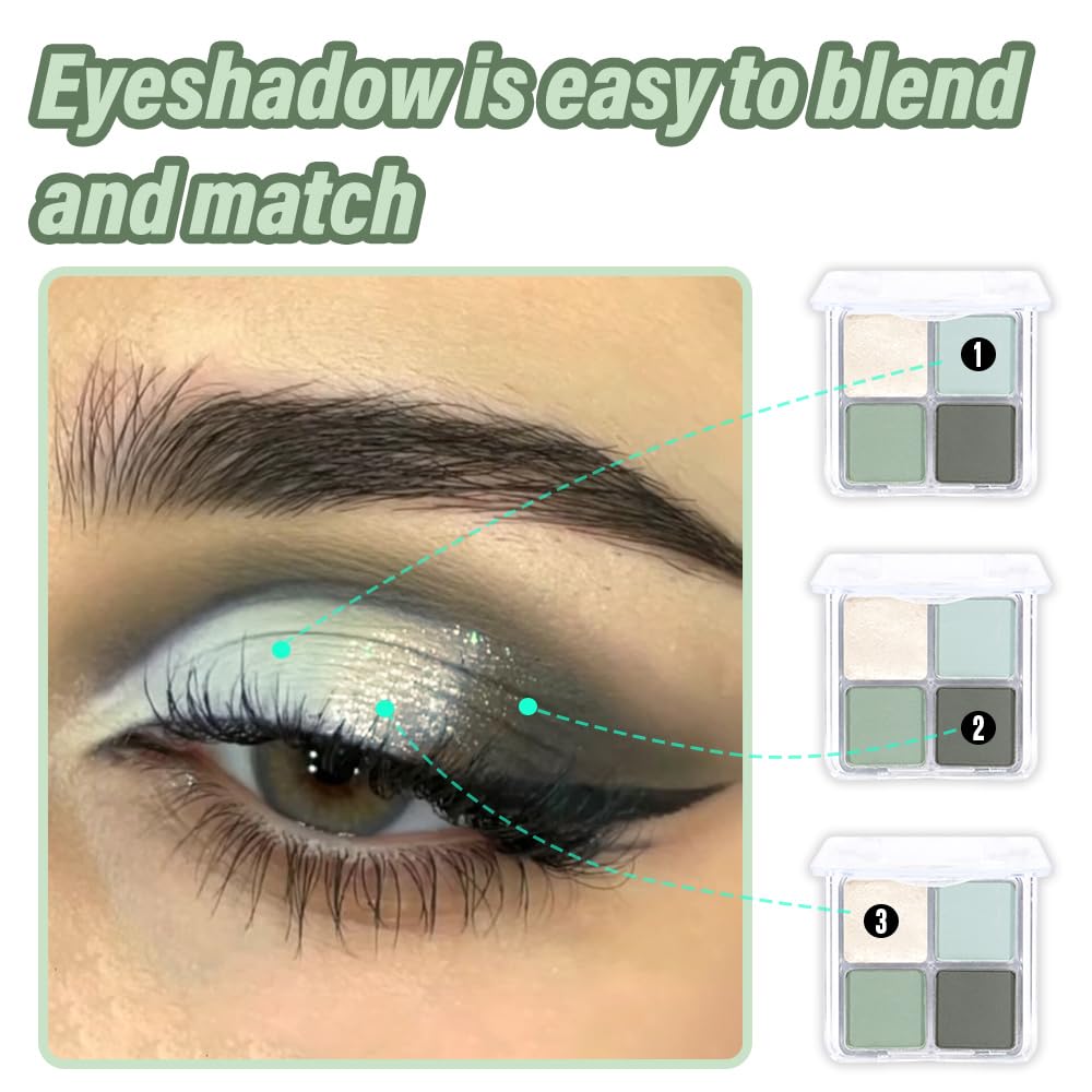 Light Green 4Colors Eyeshadow Makeup Palette,Mint Green Natural Neutral Powde Eye Shadow Palettes for Older Women,Long Lasting Naturing-Looking,Lightweight,Waterproof,Eye Makeup Kit Travel Size,Vegan-BrightBean Baby