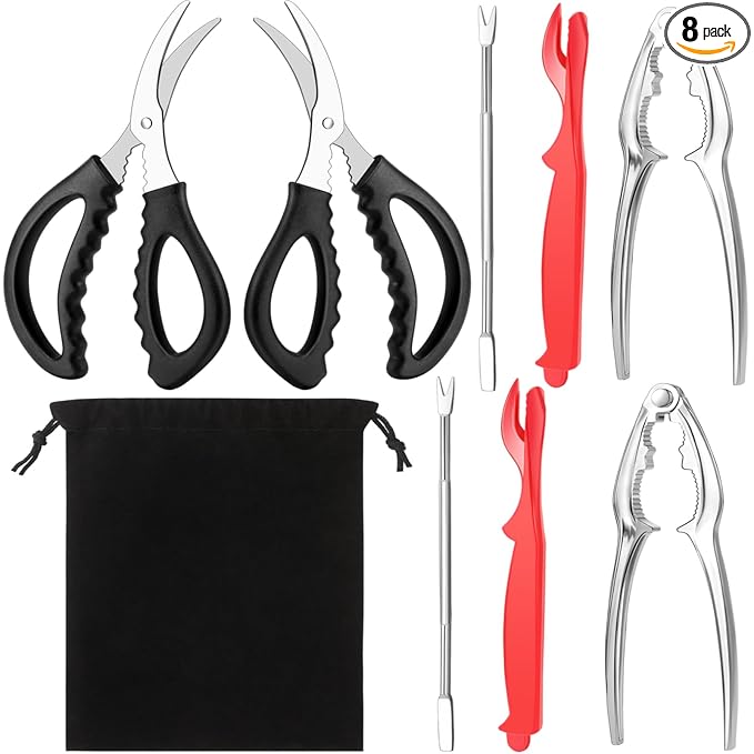 8Pcs Crab Cracker Tool Set, Stainless Steel Crab Crackers, Lobster Sheller, Fork, Scissors & Storage Bag, Crab & Lobster Eating Utensils for Seafood Lovers