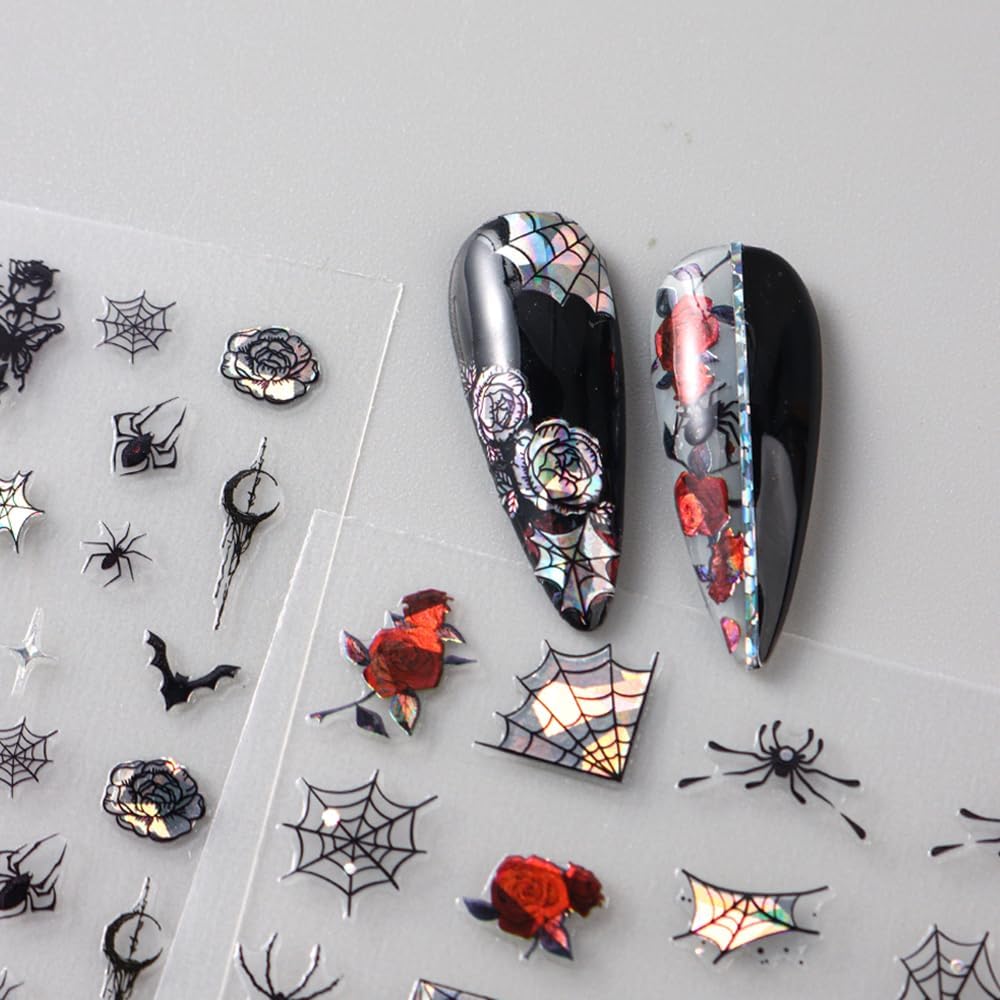 6 Sheets Halloween Nail Stickers Decals, 3D Spider Nail Sticker Decoration Self-Adhesive Colorful Red Rose Flowers Spider Web for Nails Stickers DIY Manicure Art Halloween Decoration-BrightBean Baby