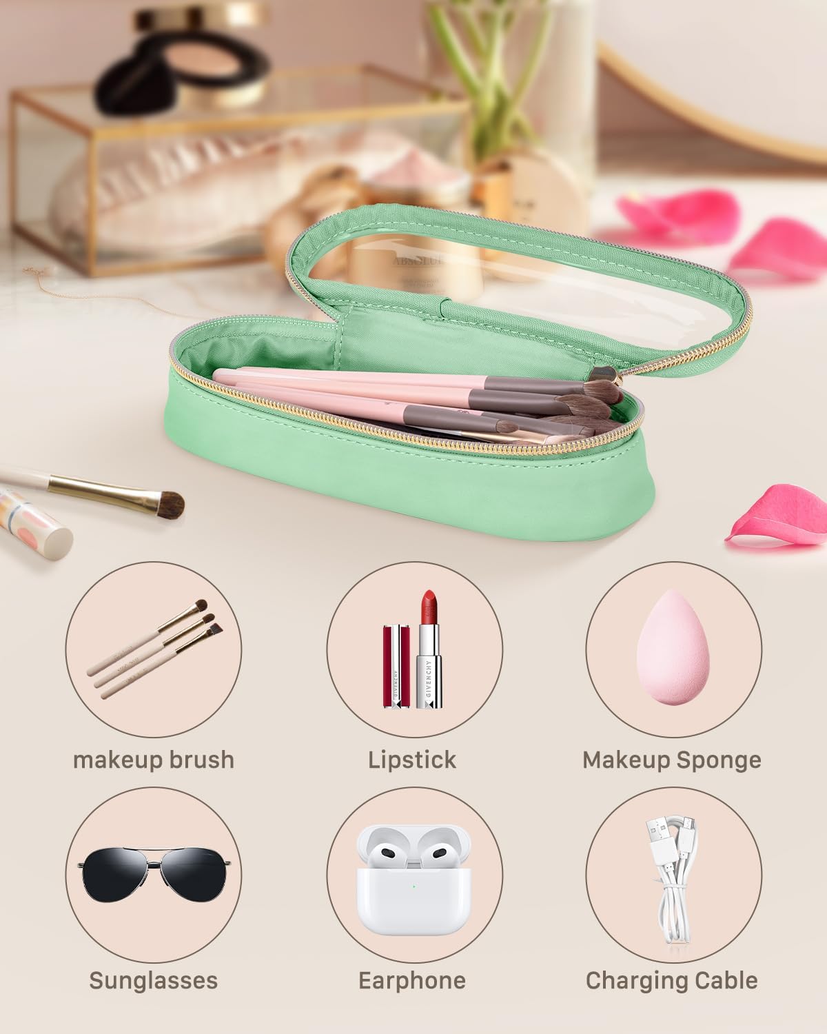Clear Travel Makeup Brush Holder, Leather Makeup Brush Toiletry Bag, Portable Cosmetic Brush Case, Transparent Waterproof Makeup Brush Storage Bag, Mint Green-BrightBean Baby