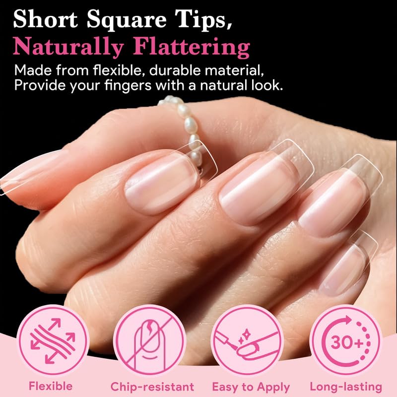Short Square False Nail Tips, 15 Sizes 510 PCS Clear French Press On Fake Nail Soft Pre-shaped Half Matte Full Cover Gel Nail Tips Extensions Thick Long Lasting for DIY Beginners & Salon Manicure-BrightBean Baby