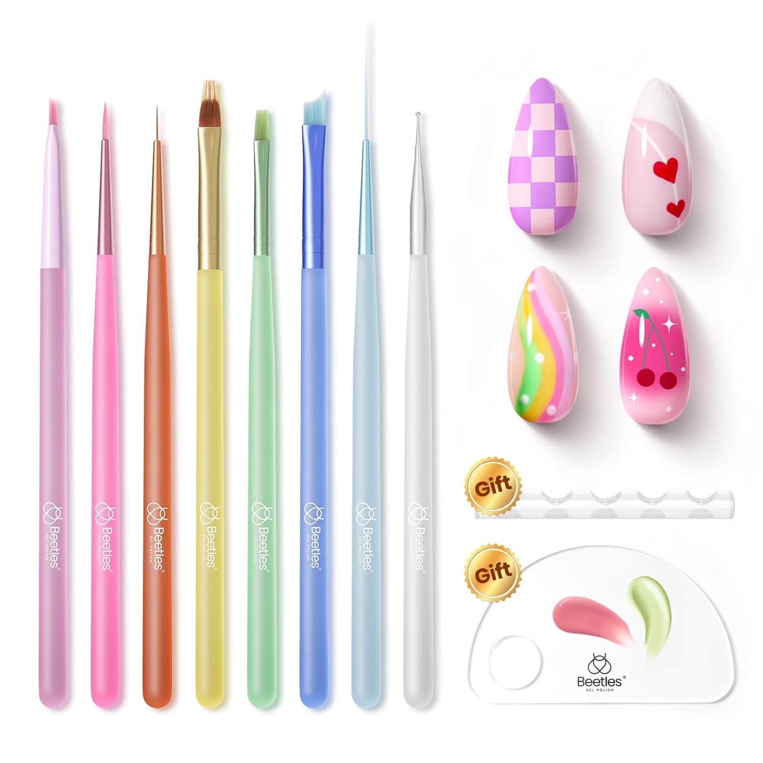 Beetles Nail Art Brushes Set for Gel Polish 8 Pcs - Nail Art Design Pen Fingernail Painting Dotting Tool, Liner Gradient Clean Up Brush DIY with Palette Rainbow Pastel Pen Set Manicure Kit-BrightBean Baby