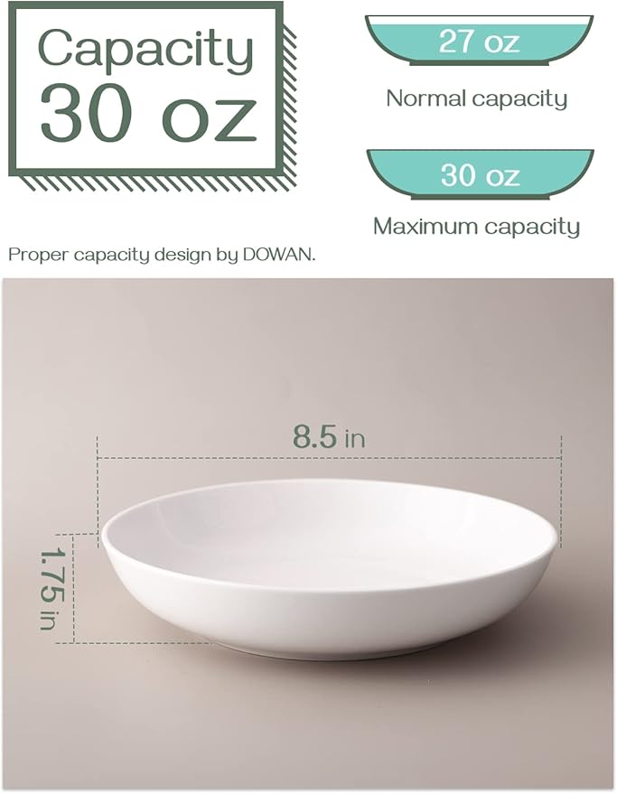 DOWAN 8.5" Pasta Bowls Set of 4, 30oz White Ceramic Shallow Dinner Bowls for Salad, Soup & Pasta, Stackable and Easy to Clean, Ideal for Everyday Use & Housewarming Gift(Soft White)