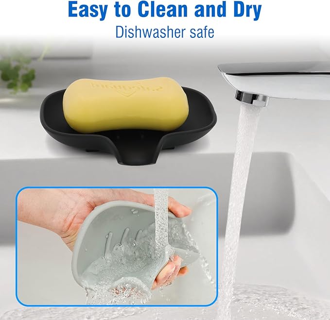 3 Pack Soap Dish, Soap Dishes for Bathroom, Shower, Silicone Soap Bar Holder, Soap Tray for Kitchen, BPA-Free, Dishwasher Safe (Black)