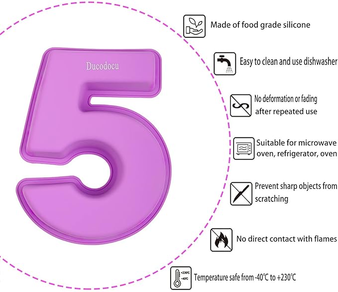 Ducodocu Large Silicone Number Cake Mould 3D Novelty Cake Pan DIY Baking Mold for Birthday Anniversary Number of 5
