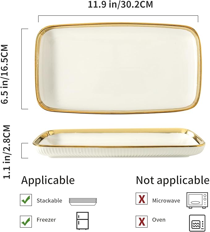 LETAOTAO Serving Platters, Ceramic Serving Platters Set of 4, 12 Inch Rectangular Serving Trays Dishes for Party Entertaining, White Dinner Plates with Gold Trim for Sushi Desserts Appetizers Salad