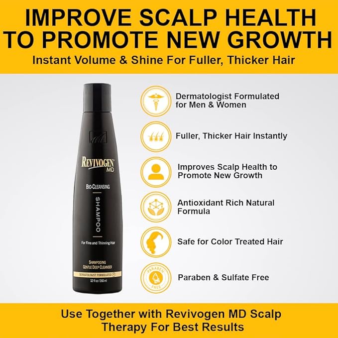 Revivogen MD Bio-Cleansing Shampoo for Thinning Hair, DHT Blocker Shampoo, Hair Loss Shampoo, Shampoo Thinning Hair, Soothes Scalp, Routine Shampoo for Women/Men Hair Loss, Hair Shampoo, 12oz-BrightBean Baby