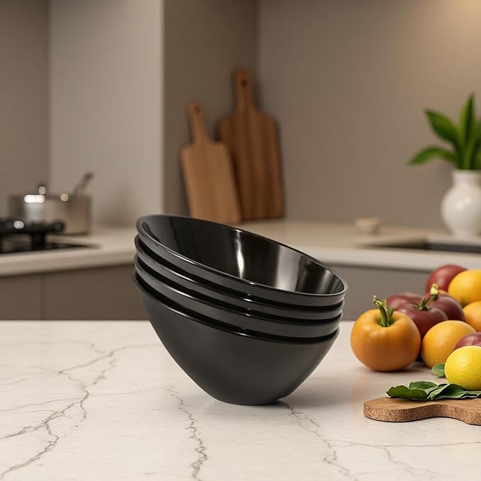 TP Salad Bowls Set of 4, 26 oz Melamine Serving Bowls for Pasta, Cereal, and Snacks, Lightweight and Durable, Dishwasher Safe, Black Bowls for Restaurant, Kitchen, Daily Use