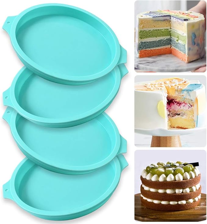 Newk Silicone Round Cake Mold, 4 Packs 8 Inch Silicone Disc Like Mold for Layer Cakes, Cheese Cakes, Rainbow Cakes and Resin Coasters – 8”