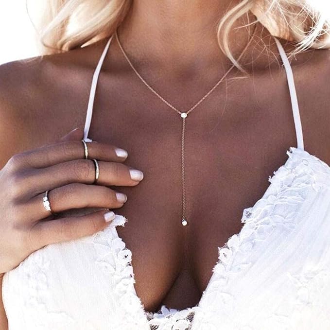 Boho Crystal Y Drop Necklace Choker Gold Long Y Necklace Chain Minimalist Cz Lariat Necklace Classic Simple Y Lariat Necklace Jewelry for Women and Girls Gifts-BrightBean Baby