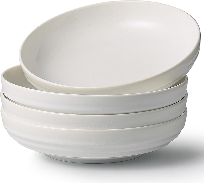 HAPPY KIT Stoneware 9'' Pasta Bowls, 42 Oz Large Salad Bowls Set of 4, Serving Bowls Perfect for Dessert, Soup, Fruit, Noodle, Granite White