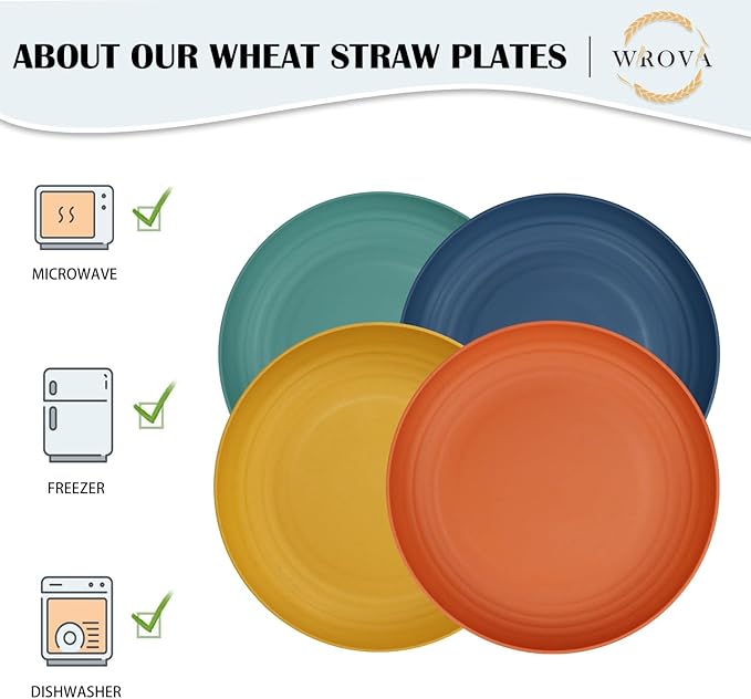 Wrova Large Wheat Straw Dinner Plates - 11 Inch Unbreakable Big Set of 8 - Dishwasher & Microwave Safe Plastic Plates - Deep Edge for Kitchen & Camping (Colorful)