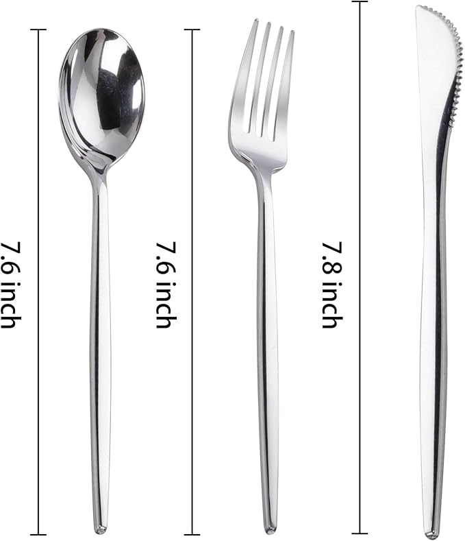 PULOTE 300PCS Silver Plastic Silverware Disposable - Heavy Duty Silver Plastic Cutlery - Disposable Utensils Set Include 100 Knives, 100 Forks and 100 Spoons for Party & Wedding