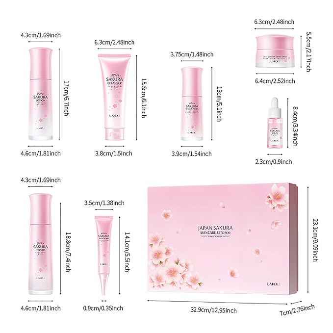 Skin Care Set JAPAN SAKURA Beauty Gift Sets Skin Care Kit with Cleanser, Toner, Lotion, Serum, Eye Cream, Face Cream, Make up Primer Travel Kit for Women Wife Mom 7pcs-BrightBean Baby