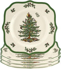 Spode Christmas Tree Scalloped Salad Plates (Set of 4) - Holiday-Themed Stoneware Appetizer Plate - 9 Inch Christmas Dinner Dish - Colorful Gifts & Mistletoe Accents - Dishwasher & Microwave Safe