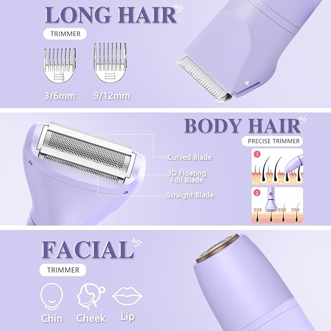 3-in-1 Bikini Trimmer for Women, IPX7 Waterproof Electric Shaver for Women-Rechargeable Electric Razors for Pubic, Facial & Body Hair Trimmer with LED Display, Travel Kit & Painless Blades (Purple)-BrightBean Baby