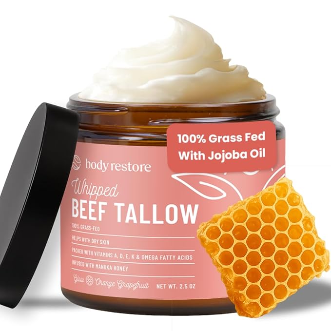 Body Restore Grass Fed Whipped Beef Tallow for Skin, Face, Body, Dry Skin - with Manuka Honey, Jojoba Oil, Birthday Gifts for Women, Men, Travel Essentials, Self Care - Citrus-BrightBean Baby