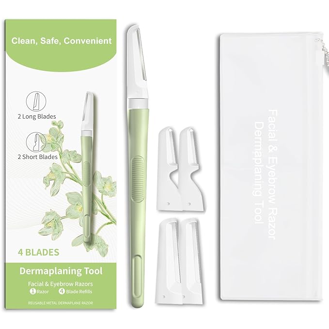 Face Razors for Women, Dermaplane Razor for Women Face, Eyebrow Razor, Facial Razors, Dermaplaning Tool, Reusable Metal Handle with 4 Microblades for Sensitive Skin, Peach Fuzz Remover, Green-BrightBean Baby