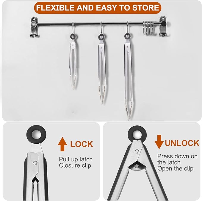 9 Pieces Stainless Steel Kitchen Tongs Grilling Locking Cooking Tongs Non-Slip Metal Food Tongs for Cooking, Salad and BBQ, 7, 9 and 12 Inch