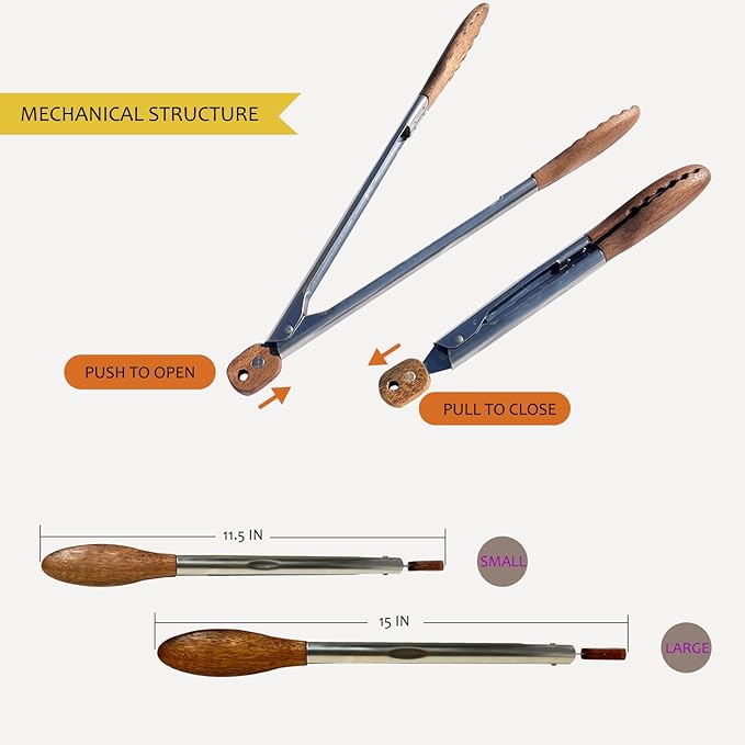 H&Zebrabro Food Tongs with Wood Tip, Salad Tong for Cooking, Serving, Grill, Kitchen Tongs Stainless Steel Handle, Kitchen Tools Set (Small + Large)