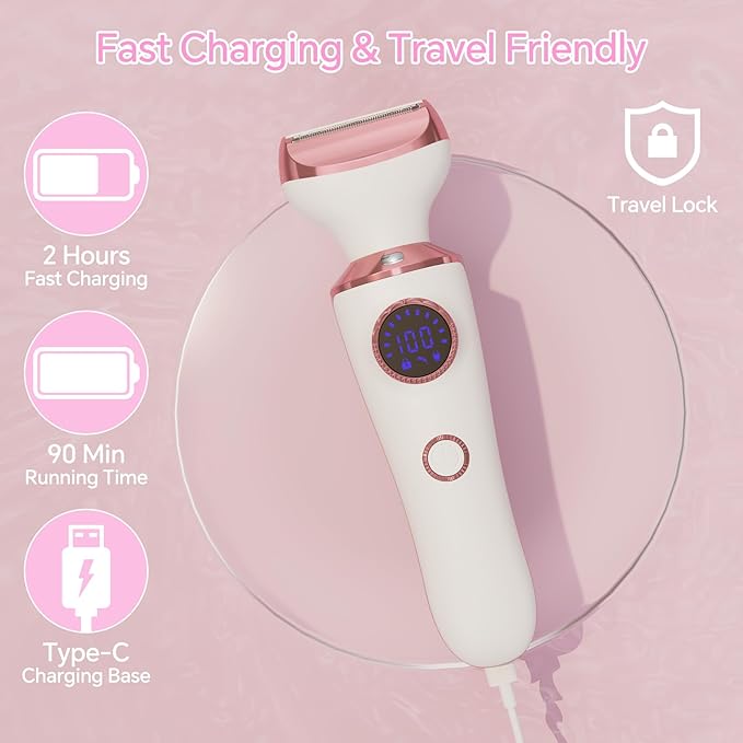 Electric Razor for Women, 4-in-1 Bikini Trimmer & Body Shaver for Face, Legs, Underarms, Pubic Hair, Rechargeable Wet/Dry Painless Hair Removal with LED Light & Travel Lock-BrightBean Baby