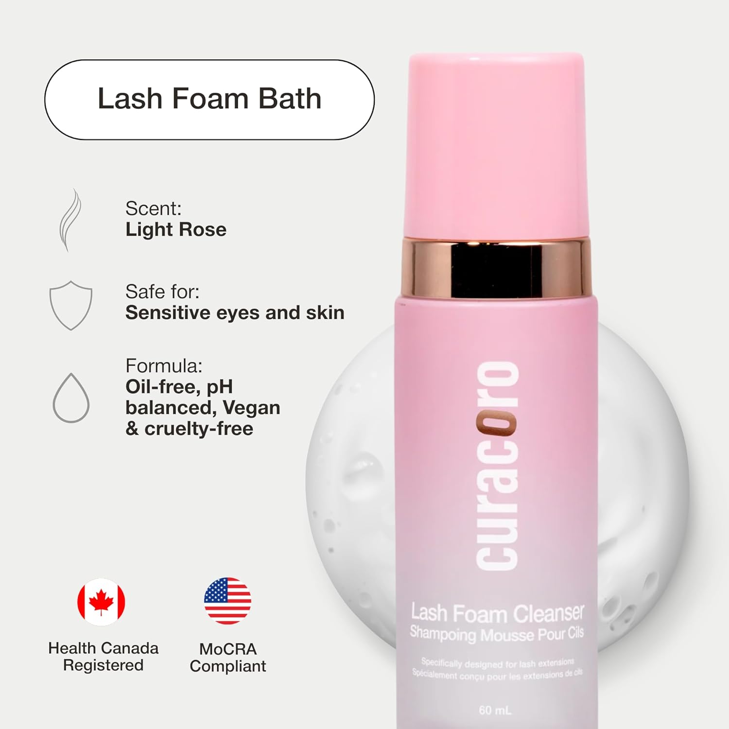 CURACORO 60ML Eyelash Extension Cleanser (Rose Scented) - Lash Shampoo for Lash Extensions, Eyelash Extension Foam Cleanser for Sensitive Skin, Removes Waterproof Makeup for Professional & Home Use-BrightBean Baby