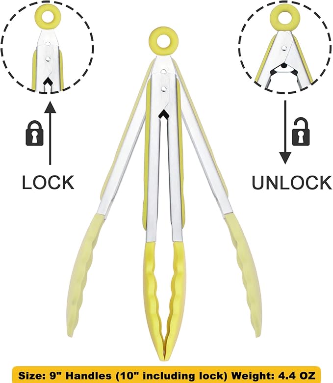 Silicone Tipped Tongs 9-Inch Kitchen Cooking Tongs, Set of 3 (Yellow)