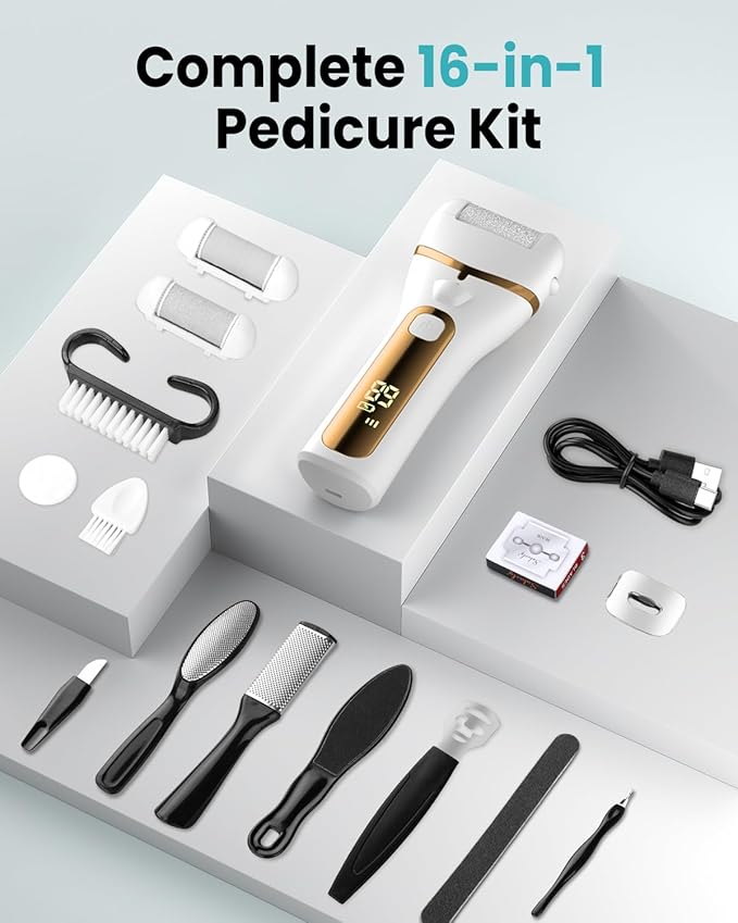 PUBOO Foot Callus Remover Electric 10000 RPM 3-Speed IPX7 Rechargeable Pedicure Kit for Hard Skin Women & Men. Portable Multi-Roller File Grinder Sander Scrubber with LED Display for Wet & Dry Feet-BrightBean Baby