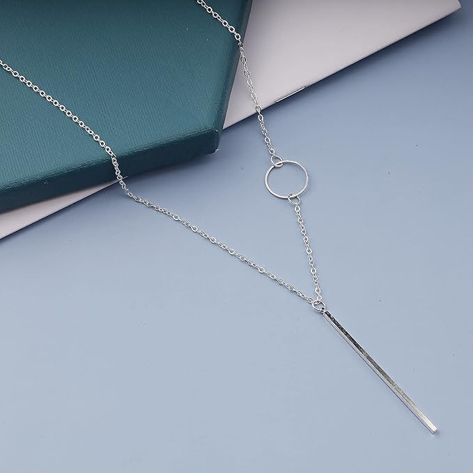 Vertical Bar Circle Necklace Silver Circle Pendant Necklace Boho Long Necklaces Chain Minimalist Geometric Ring Necklace Jewelry for Women and Girls-BrightBean Baby