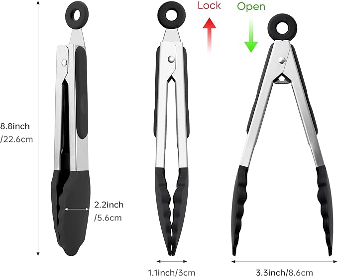 7-Inch Silicone Tongs Pack of 3, Small Tongs with Silicone Tips for Cooking, Barbecue, Buffet Serving (7", Black/Grey/White)