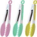 Small Tongs with Silicone Tips 7-Inch Serving Tongs, Set of 3 (Pink Mint Yellow)