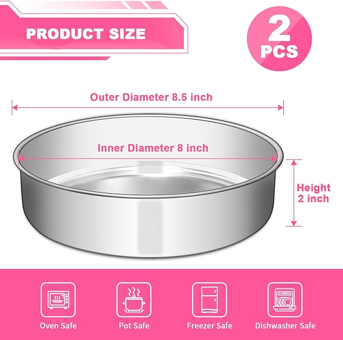 8 Inch Cake Pan Set of 2, Stainless Steel Round Layer Cake Baking Pans Tins, Non-Toxic & Healthy, Leak-proof & Easy Clean & Dishwasher Safe
