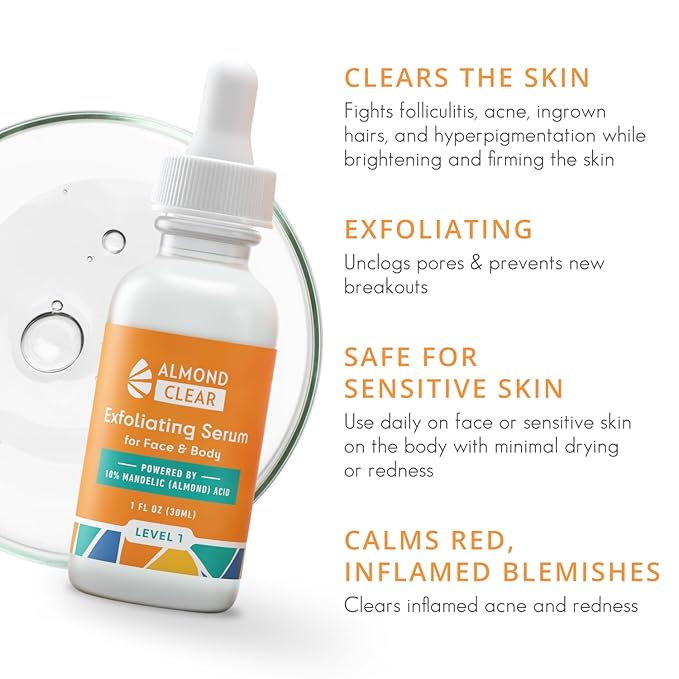 Face & Body Clearing Serum, Level 1- for acne, folliculitis, aging skin, ingrown hairs, dark spots - face, chest, butt, back, thighs, arms - mandelic acid - 1 fl oz-BrightBean Baby