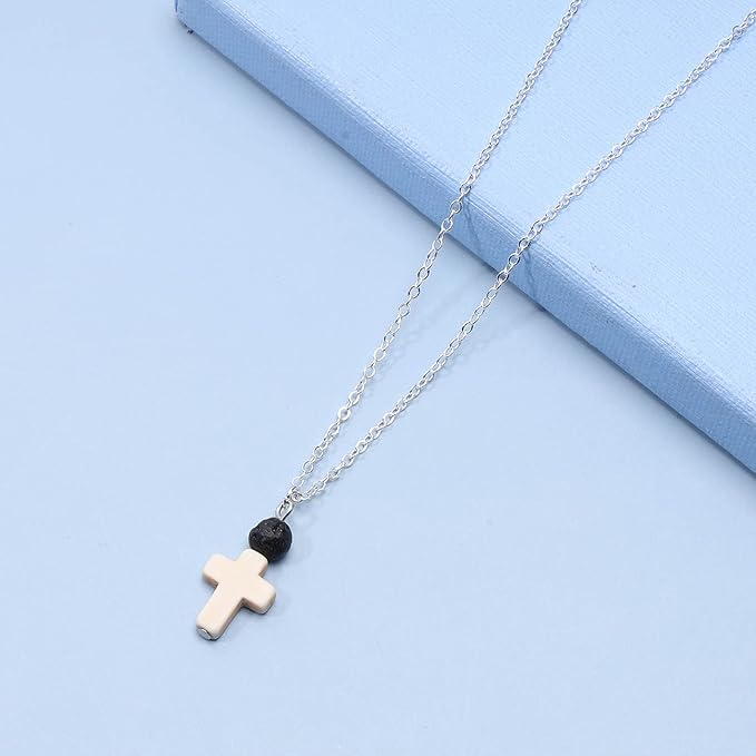 Boho Cross Pendant Necklace Black Lava Bead Choker Necklace Silver Chain Necklace Minimalist Everyday Necklace Jewelry for Women and Girls-BrightBean Baby