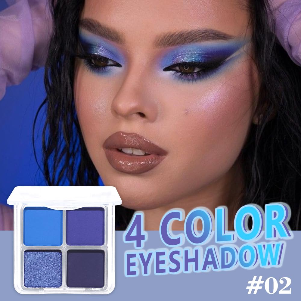 Navy Blue 4Colors Eyeshadow Makeup Palette,Royal Blue Natural Neutral Powde Eye Shadow Palettes for Older Women,Long Lasting Naturing-Looking,Lightweight,Waterproof,Eye Makeup Kit Travel Size,Vegan-BrightBean Baby