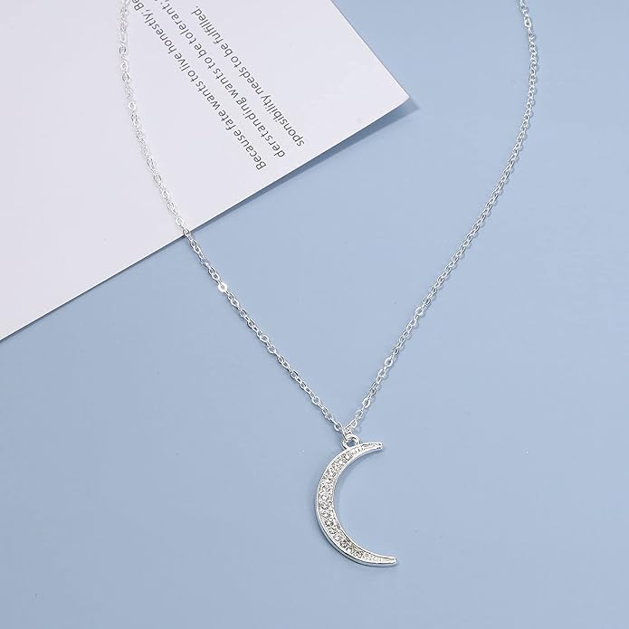 Boho Rhinestone Moon Necklace CZ Crescent Pendant Necklace Chain Minimalist Necklace Festival Jewelry for Women and Teen Girls-BrightBean Baby