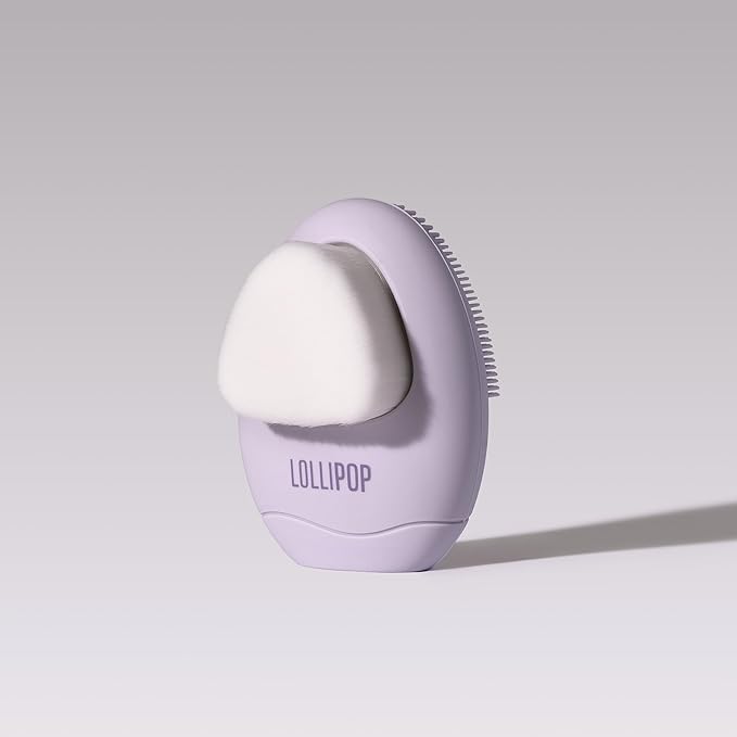 LOLLIPOP Dual-Sided Facial Cleansing Brush | Palm Size Silicone Face Exfoliator and Soft Fiber Cleanser | Manual Face Scrubber for Pores, Makeup Removal, Blackhead and Skincare Routine, Plum-BrightBean Baby