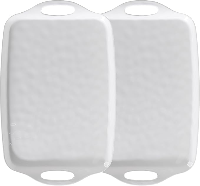 Large Serving Tray with Handles,19”x12” Large Rectangular Melamine Serving Platters Set of 2, Kitchen Food and BBQ ServingTray,Dishwasher Safe, Bright White