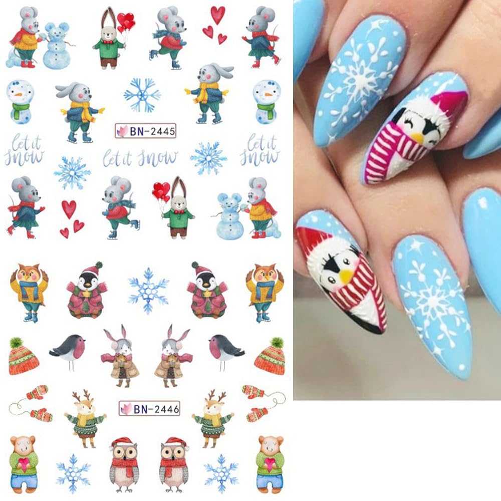 Snowflake Nail Art Stickers Decals Christmas Decorations - 12 Sheets Winter Snowman Elk Penguin Bear Design Water Transfer Slider Foils Supplies for Women DIY Acrylic-BrightBean Baby