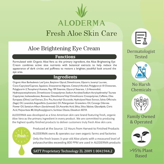 Aloderma Brightening Eye Cream with Organic Aloe Vera - Hydrating Daily Eye Cream for Dark Circles & Puffiness with Caffeine & Sage Oil - Day & Night Eye Cream for Puffy Eyes & Fine Lines, 25g/0.9oz-BrightBean Baby